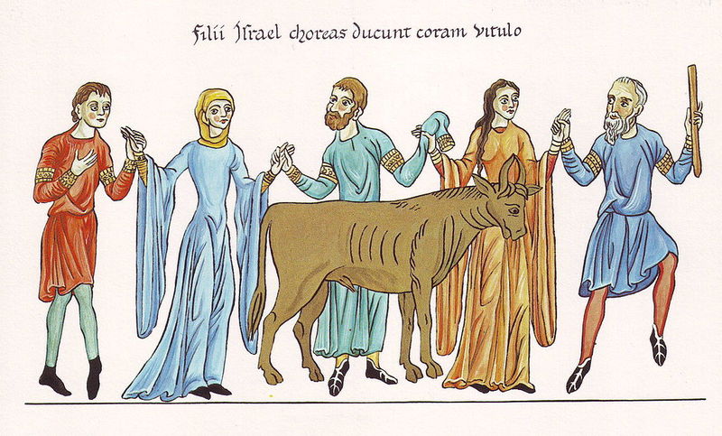 aus "Hortus Deliciarum - Der Tanz um das goldene Kalb", von Herrad von Landsberg (1125-1195)